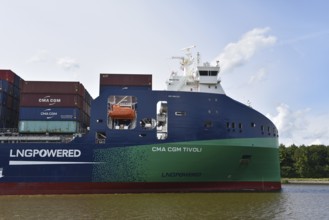 Container ship CMA CGM TIVOLI travelling through the Kiel Canal, Kiel Canal, Kiel Canal,