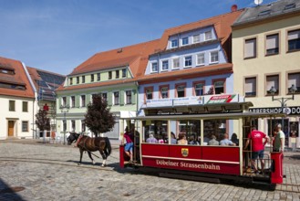 Döbeln tram, historic horse-drawn tram at Döbelner Untermarkt, rail transport, local public