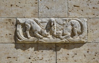 Dispute over the new town hall, relief on the Döbeln town hall, Obermarkt, Döbeln historic centre,