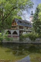 Historic dyers' houses on the Mulde river, renovated half-timbered buildings, Döbeln old town,