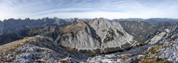 Mountain panorama from the summit of the Gamsjoch, view of the rocky mountain ridge of the