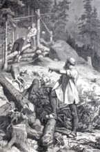 Construction of a log cabin in the forest, woodcutter, tree trunks, 18th century, Falkenstein,