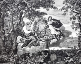 An allegory of autumn on a 17th century tapestry wallpaper from a Parisian manufacturer,