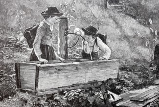 Schoolchildren drinking water at a fountain on a path, 1890, Germany, Historical, digitally