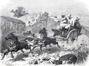 An express mail coach in the East Indies in 1870 at full speed, Carriage, Three-horse carriage,