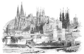 View of Burgos, Castile-Leon, Spain, Historical, Reproduction from an original with a scene from