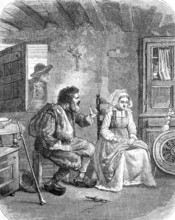 Bride wooer in Brittany, the wooer talks to the woman while the suitor watches through the window,