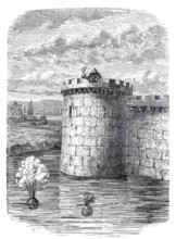 Detonating bullets, precursor of the depth charge, here being tested from a castle tower in a moat,