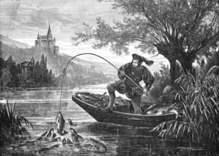 The legend of the stag guilder, Schalksburgsage, successful angler in a boat in front of the