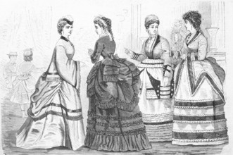 Women in winter fashion around 1870 in Germany, Historical, Reproduction from a model with a scene