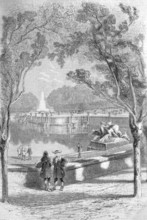 The gardens of Versailles seen from the large terrace, France, Historical, Reproduction from a 19th