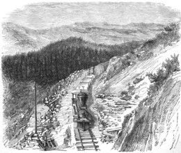 The Pacific Railway in America, Historical, Reproduction from a model with a scene from the 19th