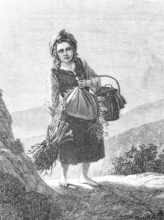Girl on her way home from collecting wood and fruit in the forest, Historical, Reproduction of a