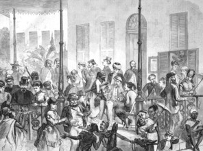 Street scene in front of the Shepherd Hotel in Cairo in 1869, Egypt, Historical, Reproduction from