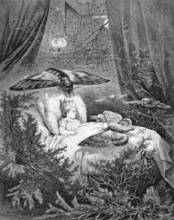 Symbolic image Midsummer Night's Dream, sleeping child swarmed by moths and moths, historical,