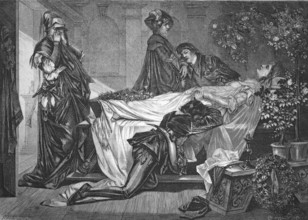 Young woman on her deathbed, being mourned by her family, 1869, Historic, Reproduction from a 19th