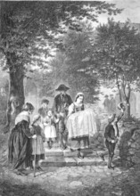 Returning home from the christening, family with the newborn on the way home from church, Germany,