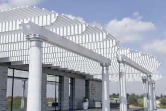 Detail of A beautiful marble and wood pergola patio cover