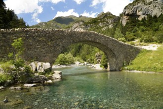The Romanesque bridge Puente RomÃ¡nico de San NicolÃ¡s de Bujaruelo over the River Ara in the