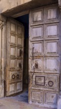 Israel, Jerusalem Old City, entrance to Holy Sepulchre church at Crusader Facade near Via Dolorosa