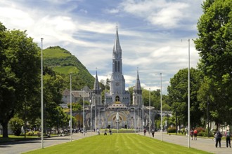 Saint district of Lourdes with the Rosary Square and basilica in the Marian pilgrimage town of