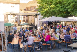 Visitors sit at beer tables at an open-air concert, surrounded by trees and parasols, 950 years
