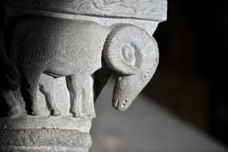 Column capital with ram, relief in stone, underground grove of columns, pagan crypt, 10th century,