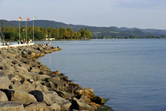 Quay with breakwater made of boulders, Bolsena marina, Porto Turistico di Bolsena, Lake Bolsena,