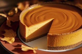 Creamy pumpkin cheesecake with piece taken out on autumn plate with rust-colored leaves and warm