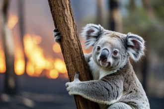Close up of koala bear clinging to tree with burning forest fire in blurry background. Concept of