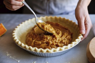 Hands filling homemade pumpkin pie crust with spoon in cozy kitchen scene. Generative AI, AI