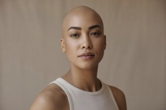 Confident young bald woman with stylish makeup posing in studio. Beauty, self-acceptance, and