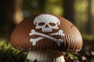 Close up of skull and crossbones painted on mushroom warns of toxic danger in forest. Generative