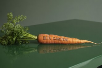 Orange carrot with beta carotene inscription on reflective green surface. Studio image highlighting