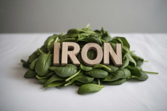 Fresh spinach leaves with wooden blocks spelling Iron. Clean studio image highlighting natural