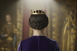 Back view of woman wearing a golden crown. Elegant portrait symbolizes female empowerment and
