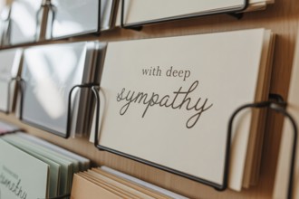Condolence card with With deep sympathy text displayed in a shop card rack. Concept of grief and