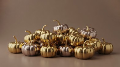 Metallic golden and copper pumpkins piled on brown background. Festive autumn harvest decoration