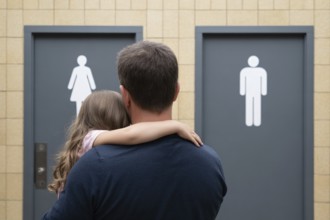 Father with young daughter in front of men's and women's restroom doors. Concept of gendered public