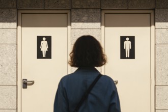 Back view of transgender woman hesitating between men's and women's bathroom doors. Concept of