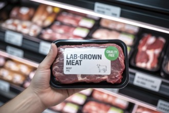 Close up of hand holding package of lab-grown beef meat in supermarket. Concept of cruelty-free