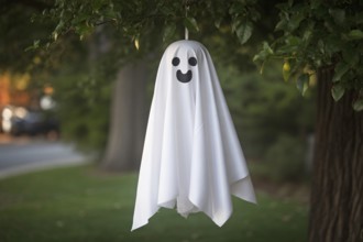 Cute white sheet ghost Halloween decoration hanging from tree. Concept of spooky seasonal tradition