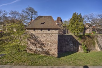 Old town, city fortification, city wall, tower, trees, lawn, blue sky, Frauentor wall, Frauentor