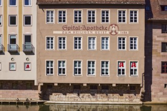 Spital-Apotheke, historical building, pharmacy, facade, window, sunny, Spitalgasse, Nuremberg,