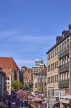 Pedestrian zone, building, fountain, church, town hall, castle, facades, windows, trees,