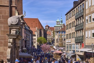 Pedestrian zone, building, fountain, church, town hall, castle, facades, windows, trees,