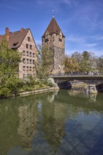 Schuldturm, river Pegnitz, bridge, historical buildings, house, trees, reflections, water surface,