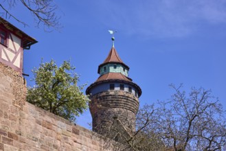 Kaiserburg, Sinnwell Tower, round tower, castle, castle wall, trees, blossoming tree, blue sky,