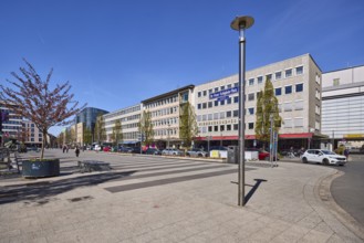 Square, lantern, modern architecture, trees, parking lane with vehicles, alleyway sign, blue sky,
