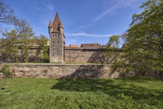 Old town, city fortification, Zwinger, city wall, historical buildings, tower, trees, meadow, blue